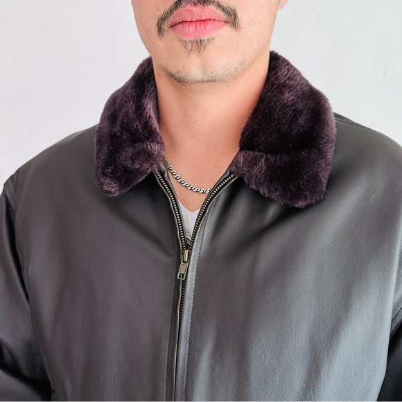 Vintage Leather Flight Jacket Brown Faux Fur Military Air Force Navy Army Bomber - Picture 3 of 15